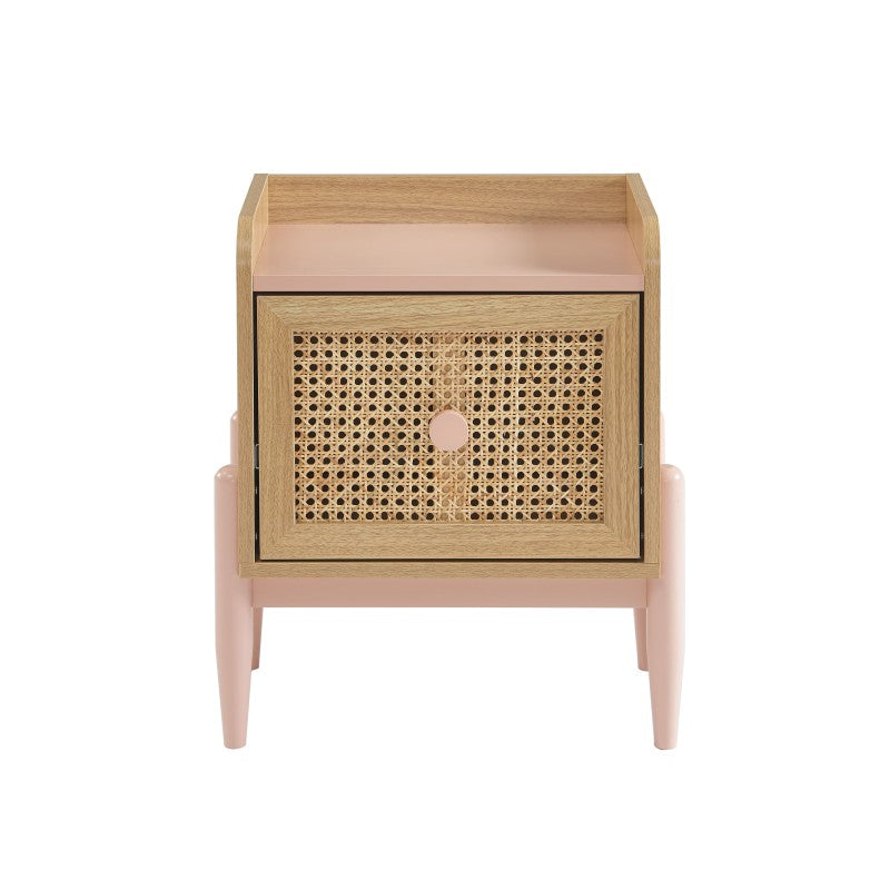 Table de chevet enfant rose avec cannage rotin, style bohème, fabrication française