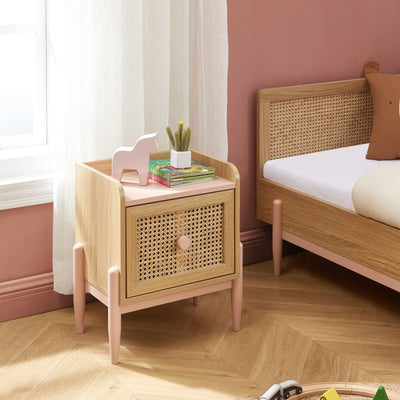 Table de chevet enfant PABLO rose et cannage rotin