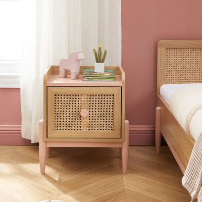 Table de chevet enfant PABLO rose et cannage rotin
