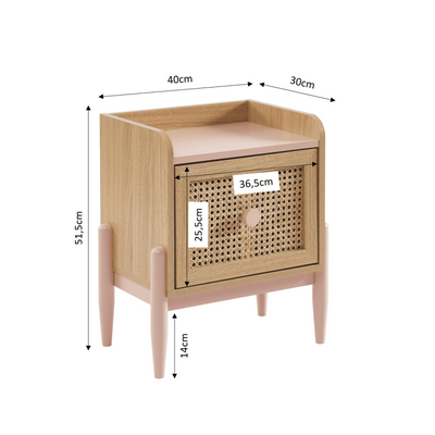 Table de chevet enfant PABLO rose et cannage rotin