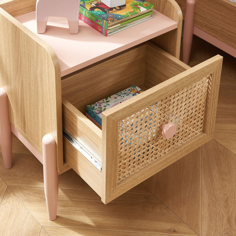 Table de chevet enfant PABLO rose et cannage rotin