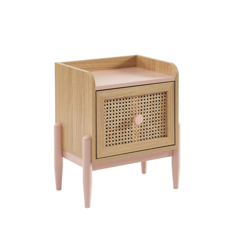 Table de chevet enfant PABLO rose et cannage rotin