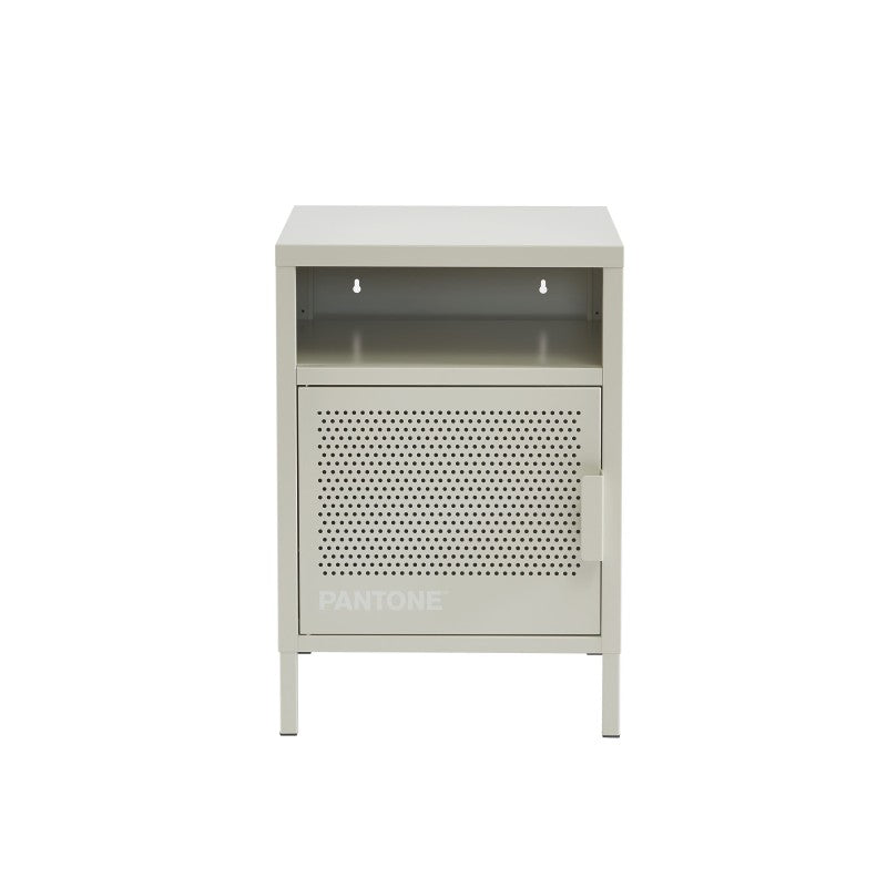 Table de chevet métal beige sable PANTONE, design industriel pour chambre à coucher
