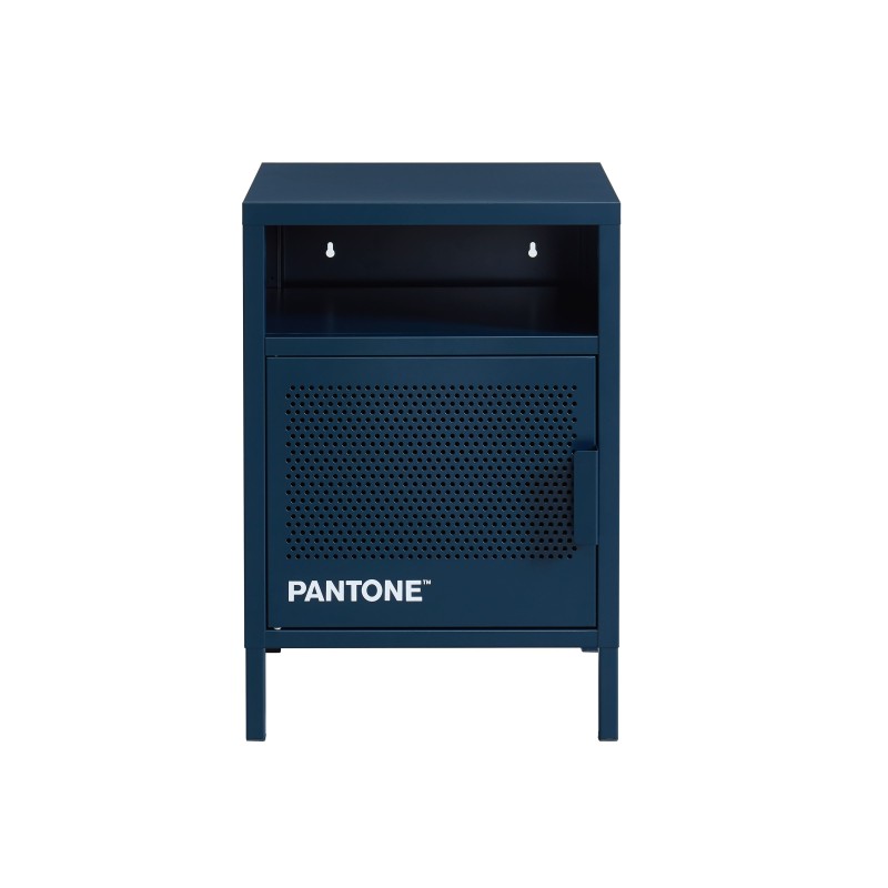 Table de chevet métal bleu nuit design industriel, finition PANTONE pour chambre