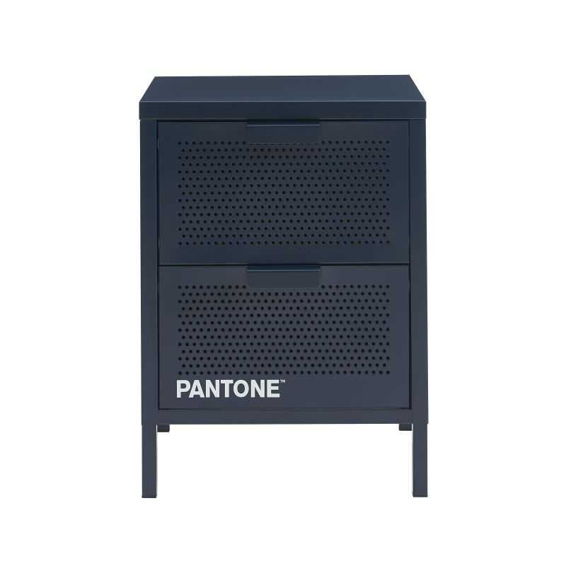 Table de chevet métal bleu nuit finition époxy mat, double tiroirs 40cm, style contemporain