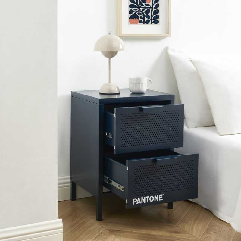 Table de chevet PANTONE métal bleu nuit double tiroirs 40cm