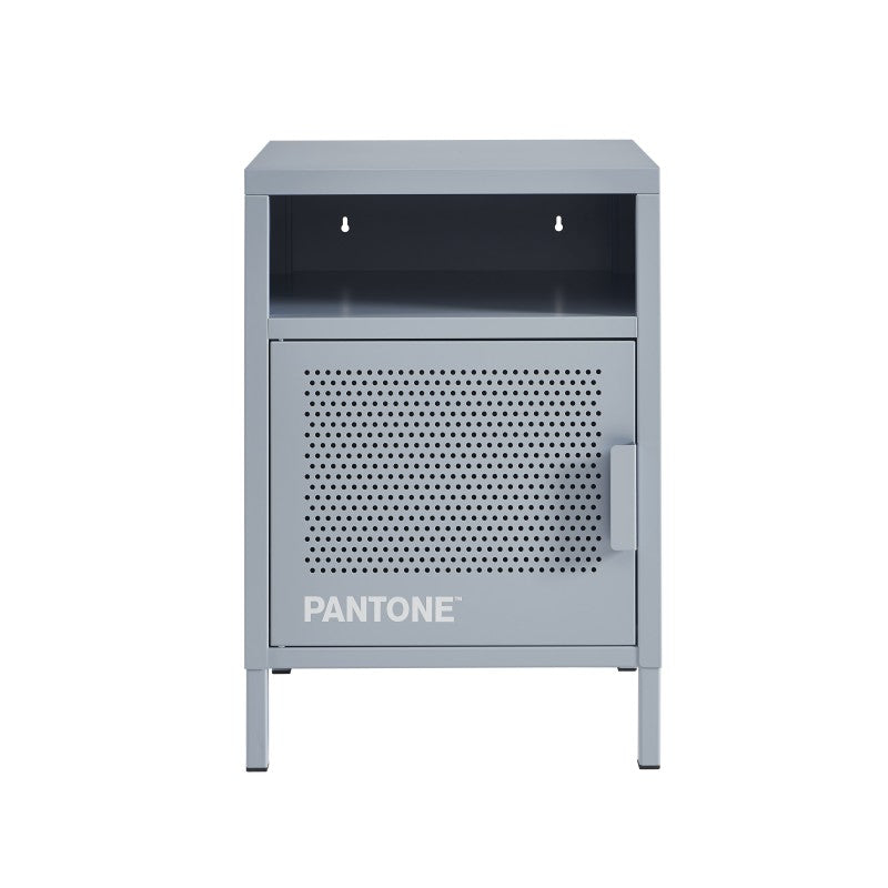 Table de chevet métal gris bleu PANTONE, design industriel pour chambre à coucher