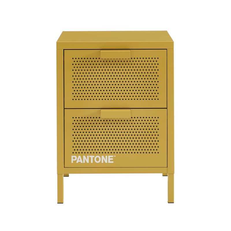 Table de chevet métal jaune moutarde finition époxy mat, double tiroirs 40cm