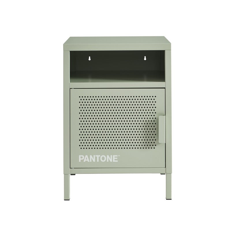 Table de chevet métal vert amande PANTONE, design industriel pour chambre moderne