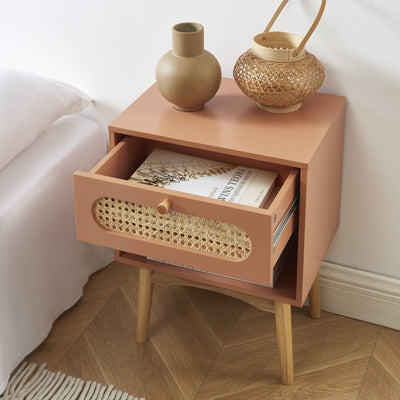 Table de chevet SIXTINE terracotta et cannage rotin