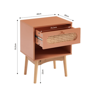 Table de chevet SIXTINE terracotta et cannage rotin