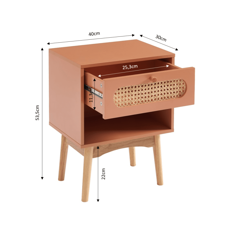 Table de chevet SIXTINE terracotta et cannage rotin