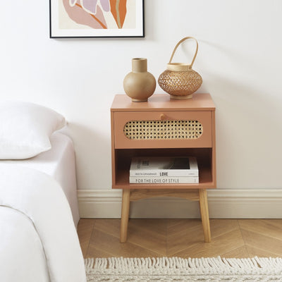 Table de chevet SIXTINE terracotta et cannage rotin