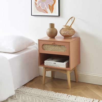 Table de chevet SIXTINE terracotta et cannage rotin