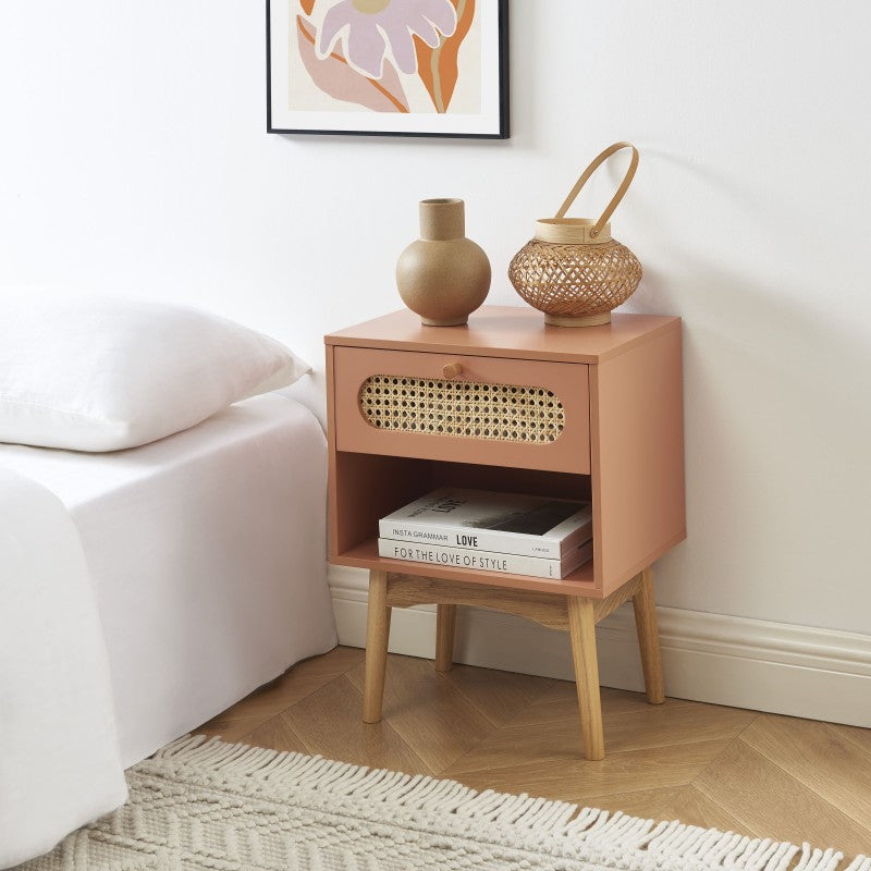 Table de chevet SIXTINE terracotta et cannage rotin