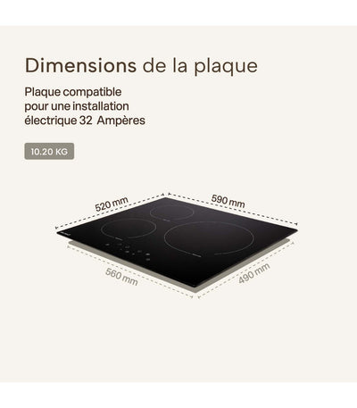 Plaque induction BELDEKO TI3V-119 : 3 foyers 5800 W encastrable, grand foyer XL 28 cm, booster et minuterie individuelle