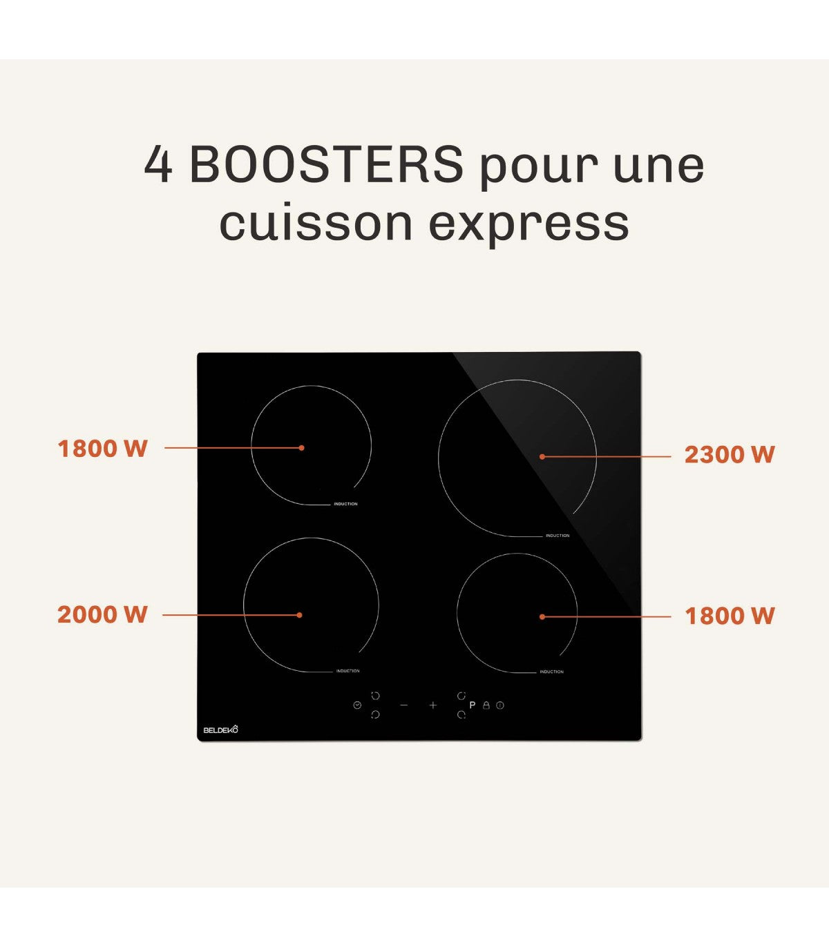 Plaque induction BELDEKO TI4V-120 : 4 foyers 7900 W encastrable, 4 boosters et minuterie individuelle par zone
