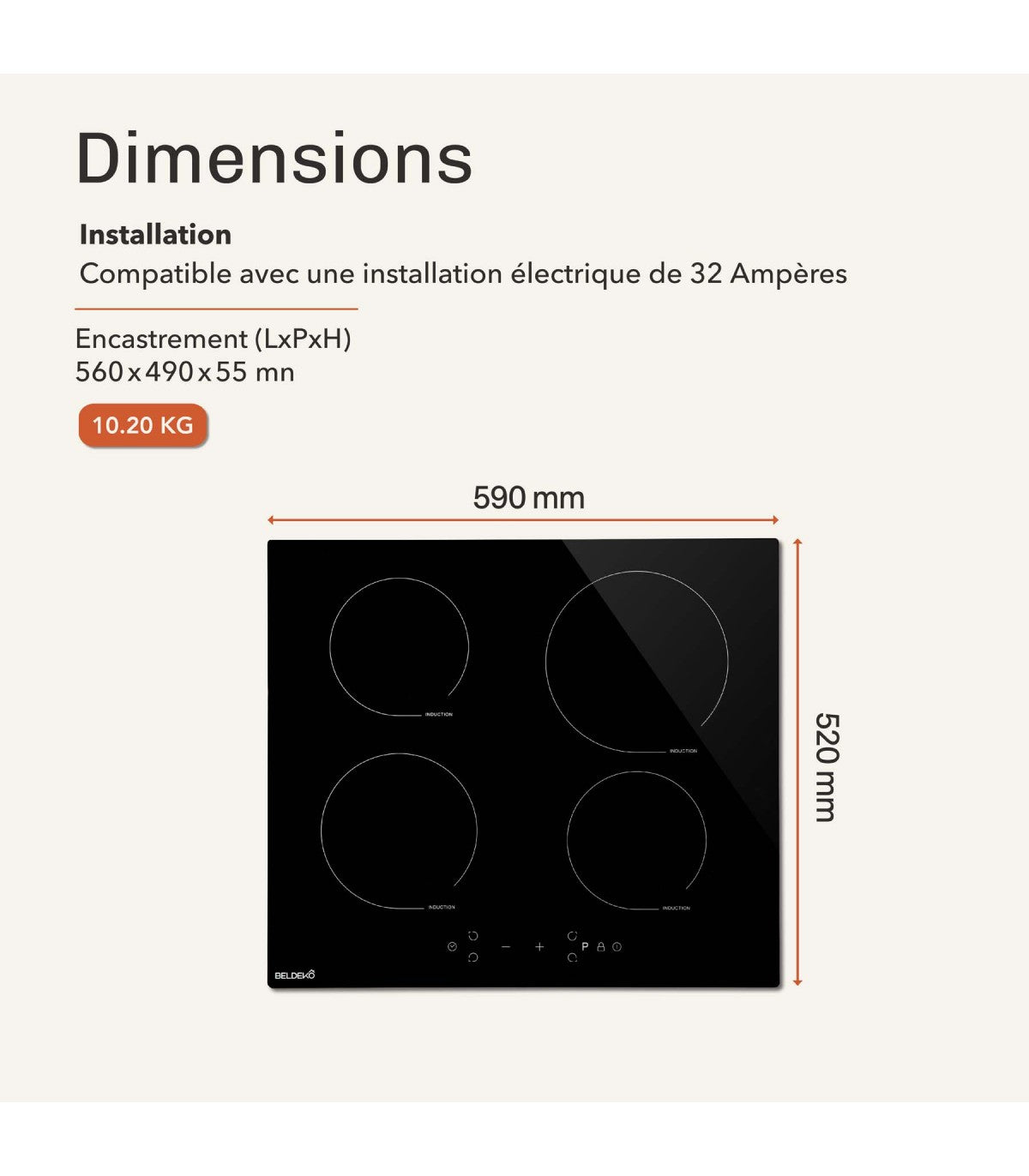 Plaque induction BELDEKO TI4V-120 : 4 foyers 7900 W encastrable, 4 boosters et minuterie individuelle par zone