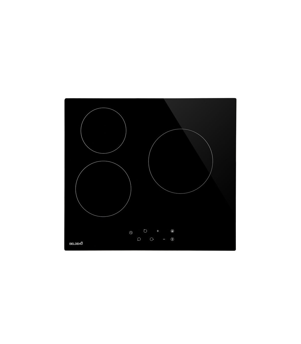 Plaque vitrocéramique BELDEKO TV3V-113 : 3 foyers encastrable noir, 3 tailles de foyer, minuterie et verrouillage enfant
