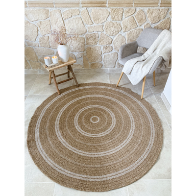 Tapis d'extérieur MENORCA rond marron et blanc aspect jute 160x160cm