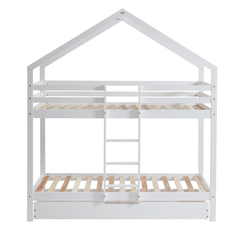 Lit cabane superposé enfant 90x190 en pin blanc, sommier inclus, design cosy