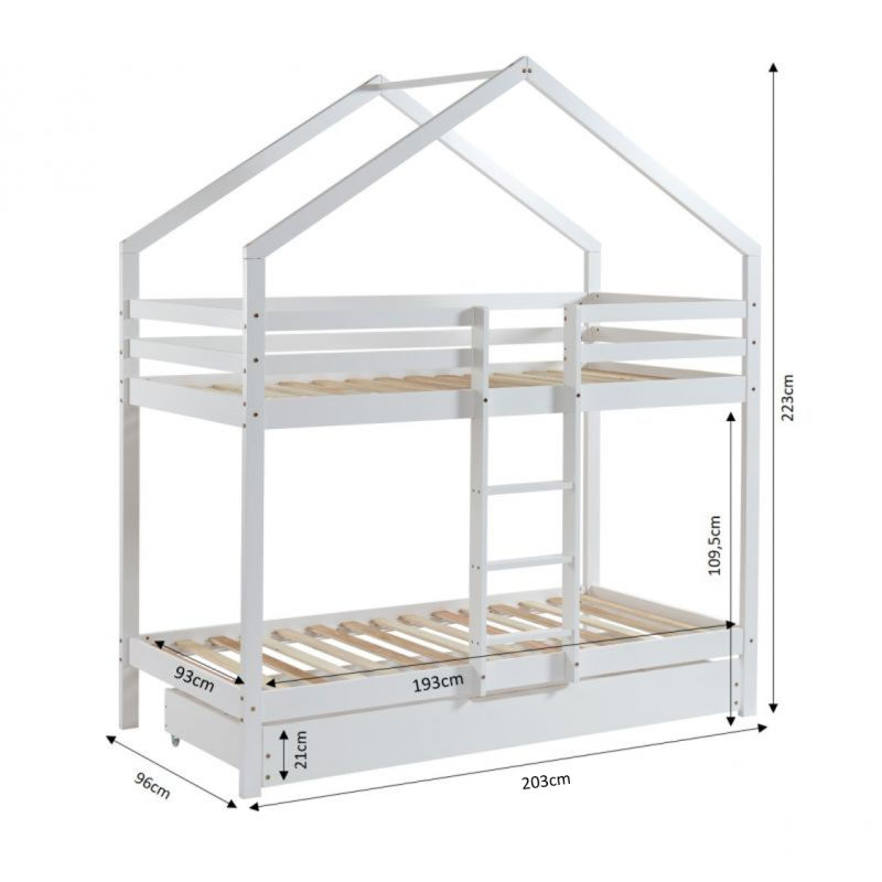Lit cabane superposé TINY 90x190 pin blanc sommier inclus