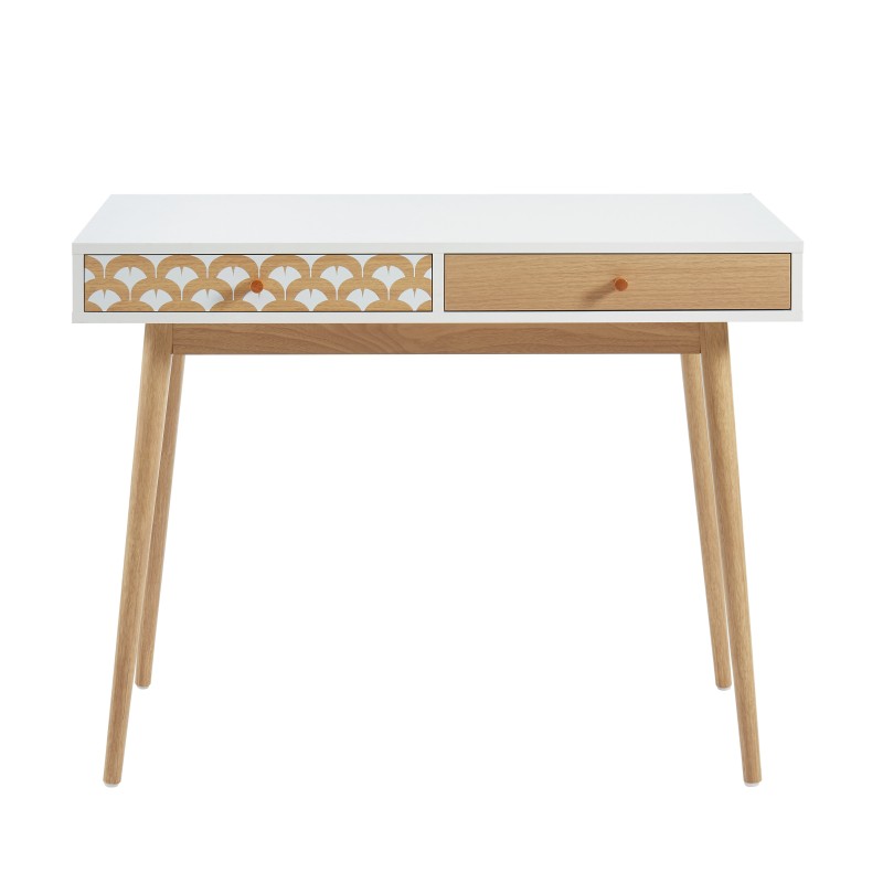 Bureau compact 100cm blanc et effet chêne avec tiroirs et pieds en bois massif