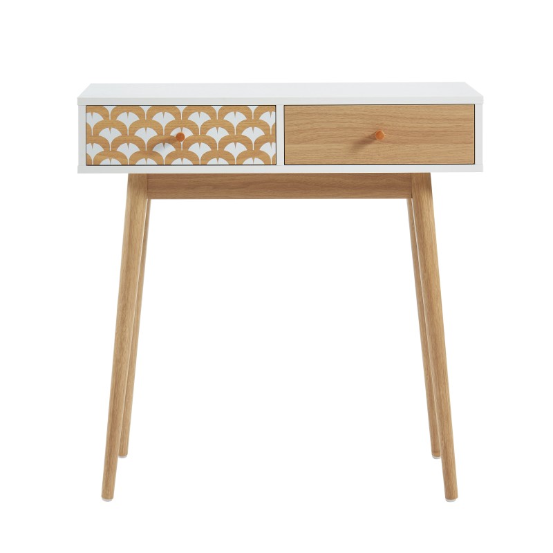 Console 80cm blanc et effet chêne 2 tiroirs, style japendi pour entrée moderne
