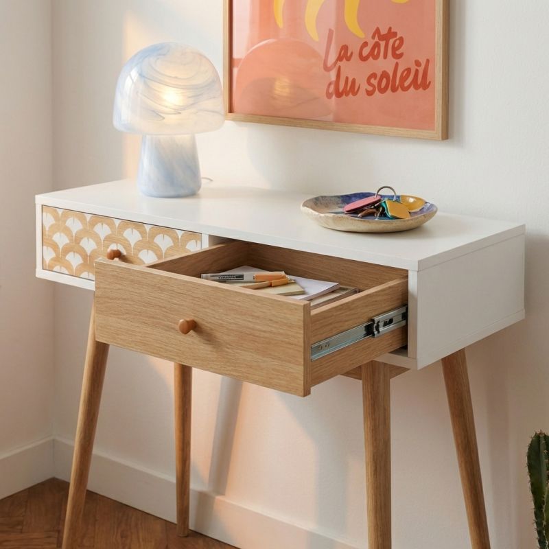 Console UTAH blanc et effet chêne 2 tiroirs 80cm