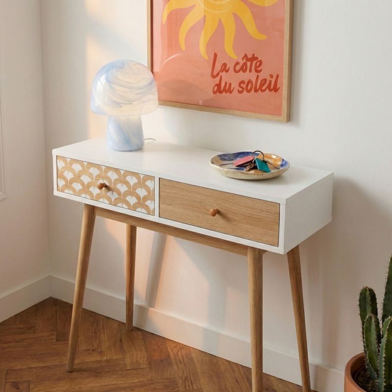 Console UTAH blanc et effet chêne 2 tiroirs 80cm