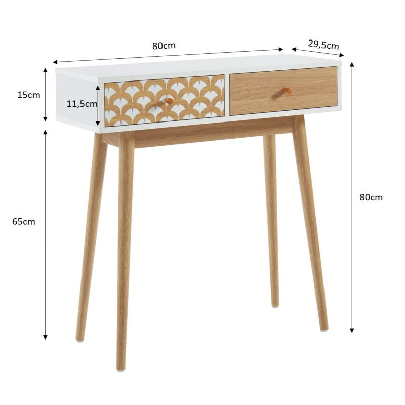 Console UTAH blanc et effet chêne 2 tiroirs 80cm